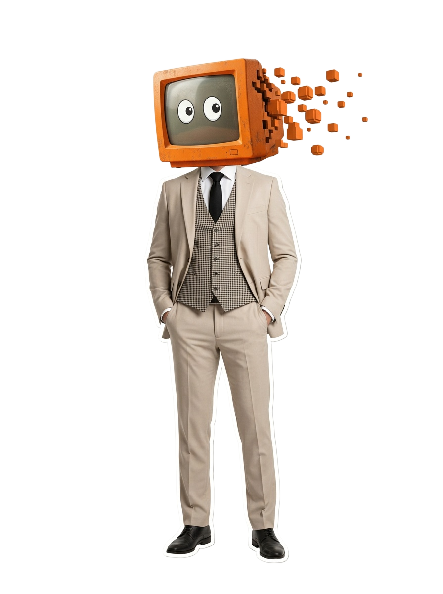 Illustration of a suited consultant with a retro orange computer monitor for a head, symbolising an impartial IT reviewer